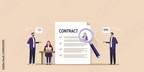 Business professionals reviewing a contract document with a magnifying glass and discussing terms and conditions