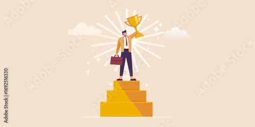 Successful businessman holding a golden trophy aloft while standing on a podium celebrating achievement and victory