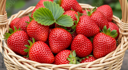 A woven basket overflowing with fresh, ripe, red strawberries, showcasing their vibrant color and juicy texture, perfect for a healthy and delicious summer treat, captured in natural light with a soft