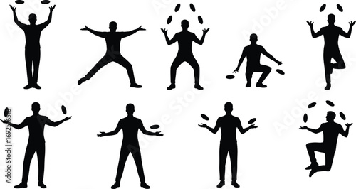 Silhouettes of male juggler performing tricks, juggling multiple objects, balancing, circus skills, street performer, entertainment, talent, movement, dynamic poses, artistic expression