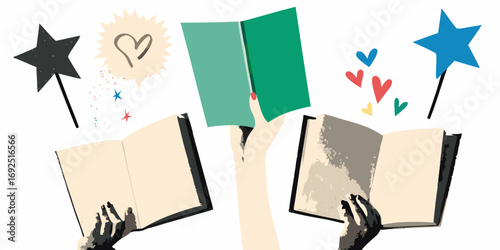 A collection of open books held by hands with magical elements like stars and hearts symbolizing imagination and wonder