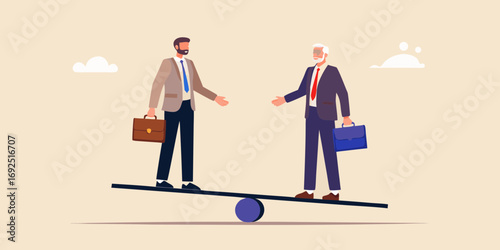 Two businessmen standing on a seesaw with briefcases representing balance and negotiation