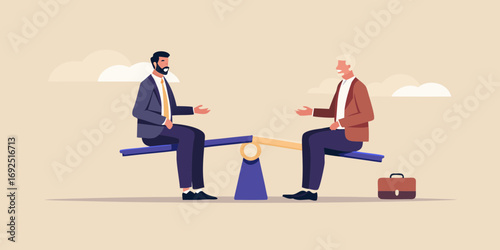 Two businessmen sitting on a seesaw in a balanced position discussing business matters