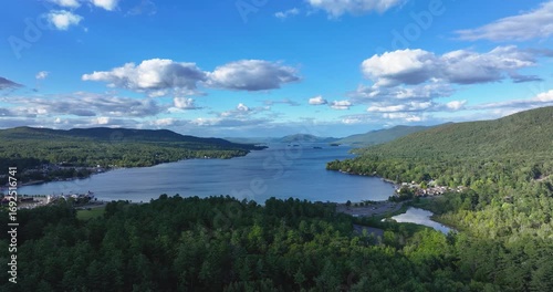 Lake George, New York, USA - August 26, 2025: Afternoon aerial summer video of the area surrounding the Lake George, NY,