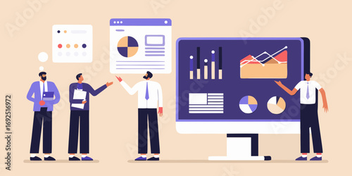 Business team collaborating and analyzing data charts on a large computer screen during a meeting