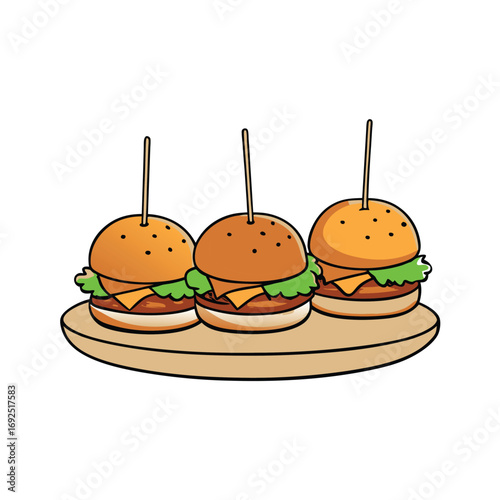 Set of delicious mini slider burgers with assorted fresh toppings and juicy patties presented artistically