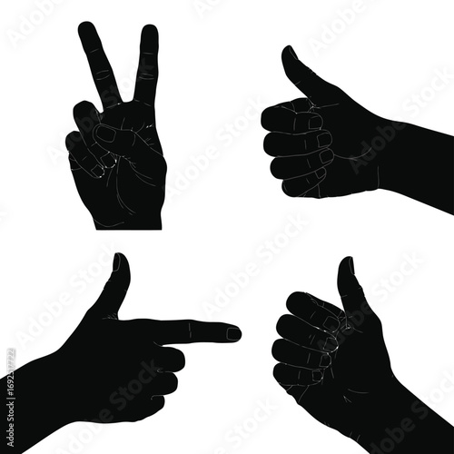 Silhouette hand gestures for success victory pointing and agreement four poses silhouette vector illustration white background
