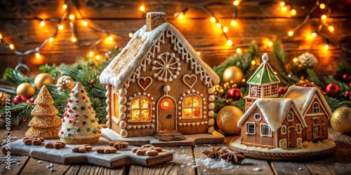 Enchanted Gingerbread Village Illuminated by Festive Lights, Featuring a Charming Gingerbread House, Smaller Gingerbread Structures, and Sweet Gingerbread Trees on a Rustic Wooden Surface