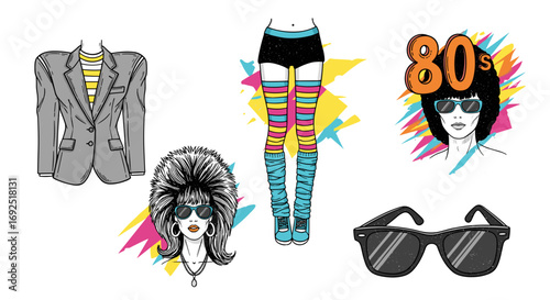 A collection of fashion elements in the style of the eighties era art