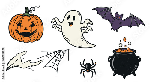 Halloween themed illustration with pumpkin ghost bat spider and cauldron