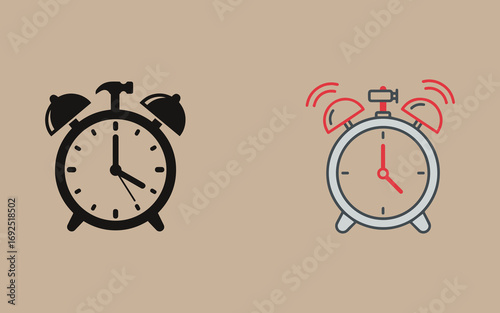 Vintage alarm clock silhouette and ringing illustration
