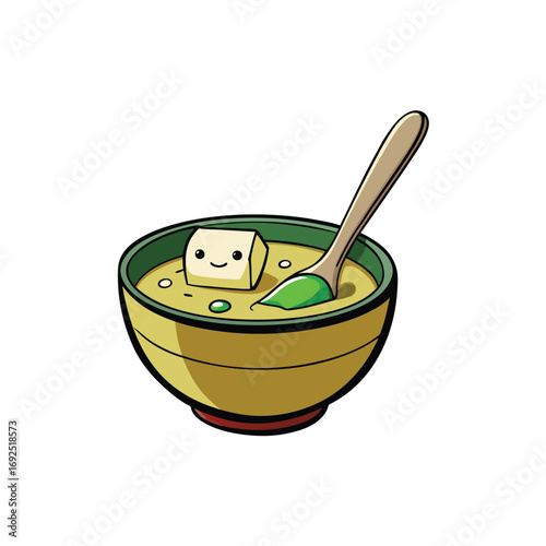 Delicious miso soup bowl with tofu seaweed and spoon illustration for culinary designs