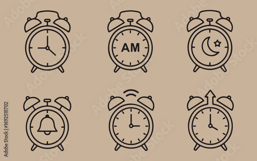 Collection of six retro alarm clock icons in a simple line art style