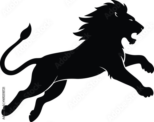 Angry Lion Jumping Silhouette Vector - Roaring Predator Attack Pose. Lion Attack Vector Silhouette - Leaping Roaring Big Cat Icon on White Background