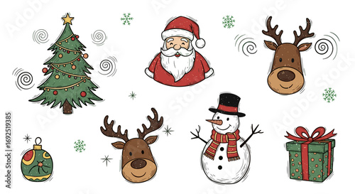 Illustration featuring christmas tree santa reindeer snowman and gift box