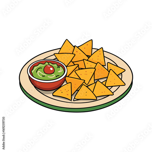 Delicious nacho plate featuring melted cheese spicy jalapenos and vibrant salsa illustration