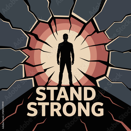Silhouette of a determined person standing strong against a shattered wall symbolizing resilience overcoming adversity and hope breaking through darkness vector