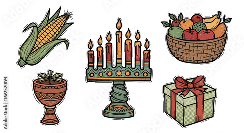 Illustration of corn, menorah, fruit basket, goblet, and gift box items