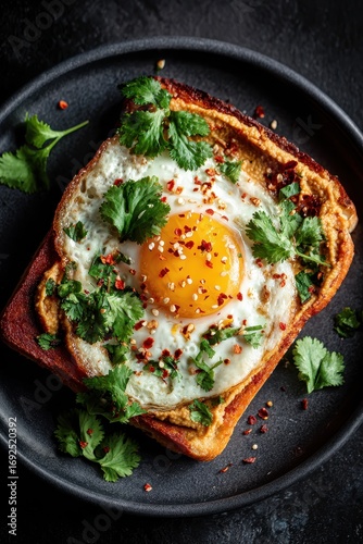 Egg-in-a-hole toast with cilantro and chili flakes on a plate.
