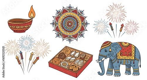 Illustration of diwali elements including diya, sweets, elephant and fireworks