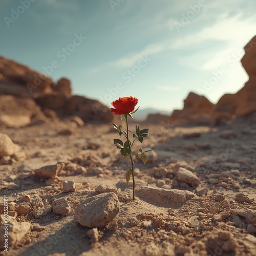 Flower in the Desert, Red Rose on Sand, using generative ai