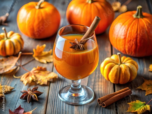 Photo of a glass of pumpkin spice drink with cinnamon stick and star anise, surrounded by pumpkins and autumn leaves on a rustic wooden table, perfect for fall season celebrations and thanksgiving