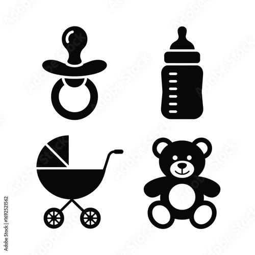 Cute baby essentials collection four icons pacifier bottle stroller teddy bear simple design silhouette vector illustration white background
