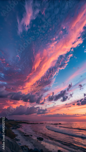 Dramatic twilight sky over ocean with pink and indigo clouds and calm sea full hd 4k stock image download