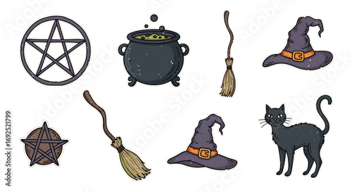 Illustration of halloween elements including witch hats and black cat
