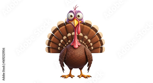 A funny cartoon turkey with its tail feathers spread wide.