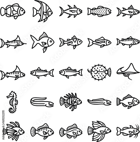 A comprehensive set of stylized line art icons depicting diverse fish species and aquatic creatures in black and white, ideal for marine biology education or graphic design projects