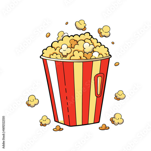 A vibrant vector illustration of a classic popcorn bucket overflowing with kernels and a generous pour of melted butter