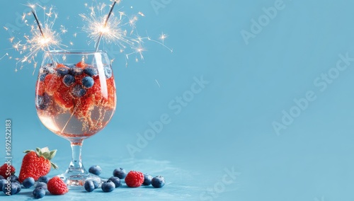 Festive berry drink in a glass, sparklers