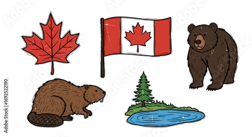 Illustration of canadian symbols including flag bear beaver and maple leaf