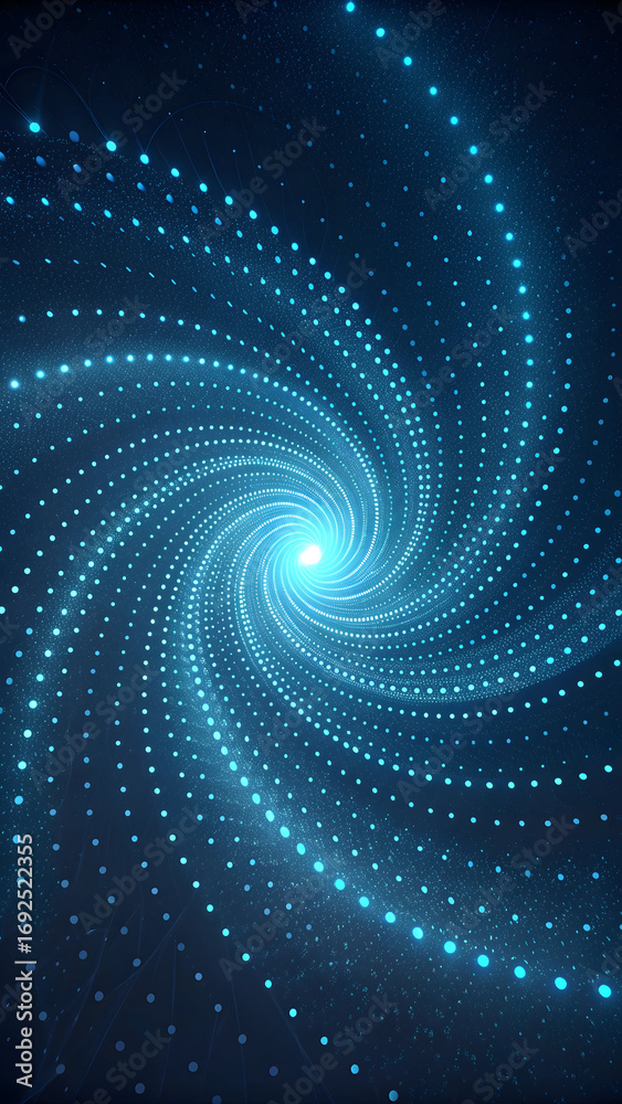 Fototapeta premium Glowing blue dots spiral into a bright light vortex on a dark full hd 4k stock image download background