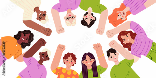 Diverse group of women with raised fists celebrating unity and empowerment in a circle