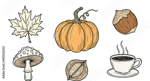 Illustration of autumn themed items including pumpkin and coffee cup