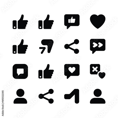 Social media icons pack featuring likes thumbs up thumbs down share speech bubble and heart symbols silhouette vector illustration white background