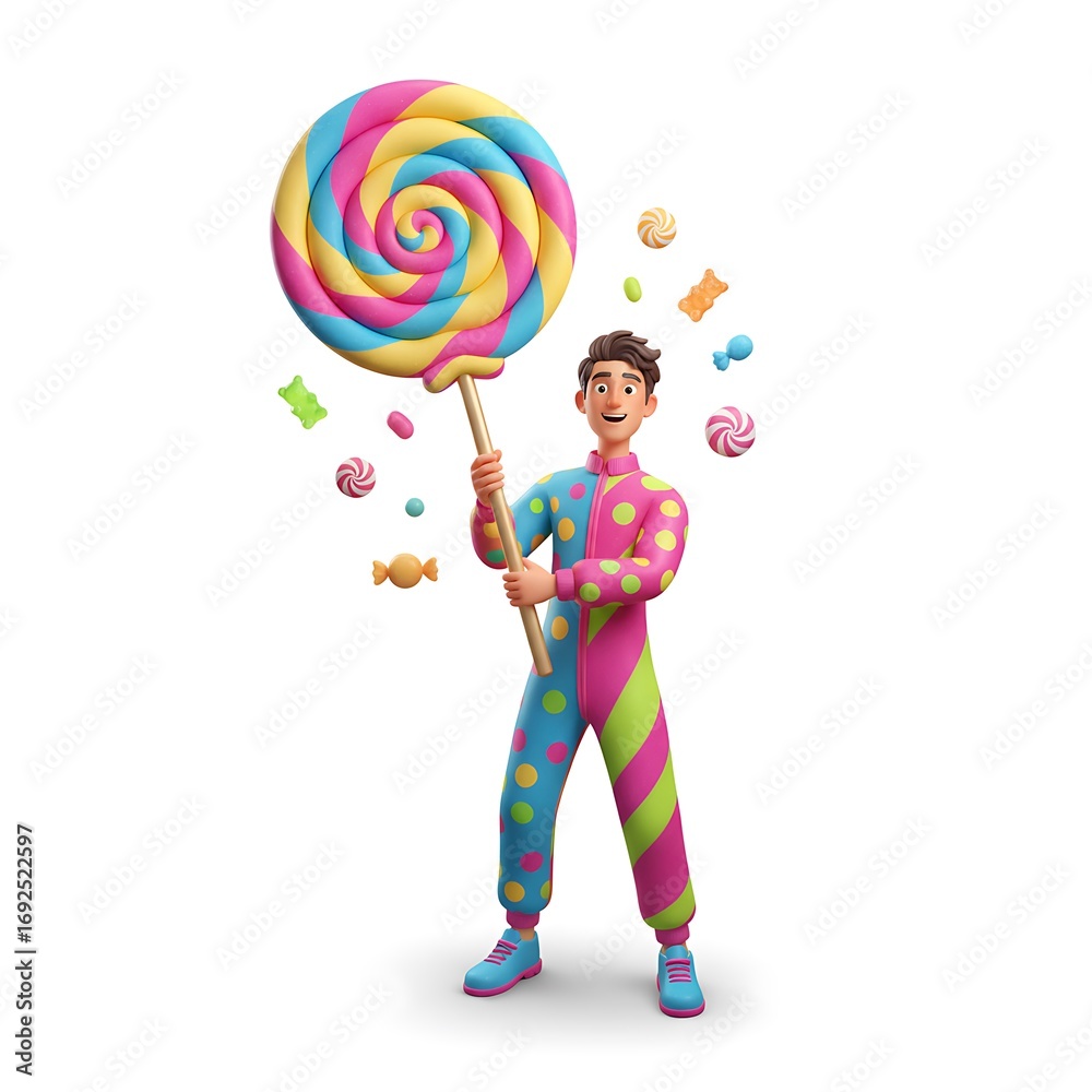 Fototapeta premium A Happy Man in a Colorful Jumpsuit Holding a Giant Swirl Lollipop