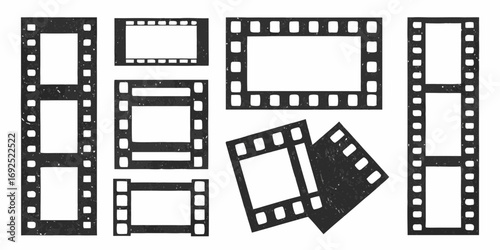 Collection of hand drawn film strips and frames with perforations on a white background