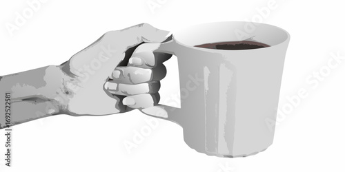 Close up of a hand holding a tall white mug filled with dark coffee against a white background