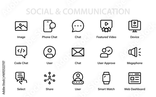 Modern Communication and Social Media Line Icon Collection with Minimalist Professional Vector Style for Creative Digital Visual Assets