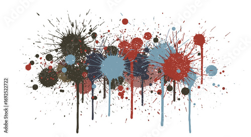 Illustration of multiple colorful paint splatters and drips on white background