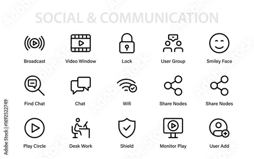 Modern Social Communication Media Line Icon Pack Featuring Professional Minimal Vector Design for Creative Digital Graphic Projects