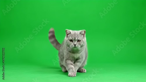 Cute grey cat walking on green screen. Isolated pet animal for chroma key compositing, studio shot.