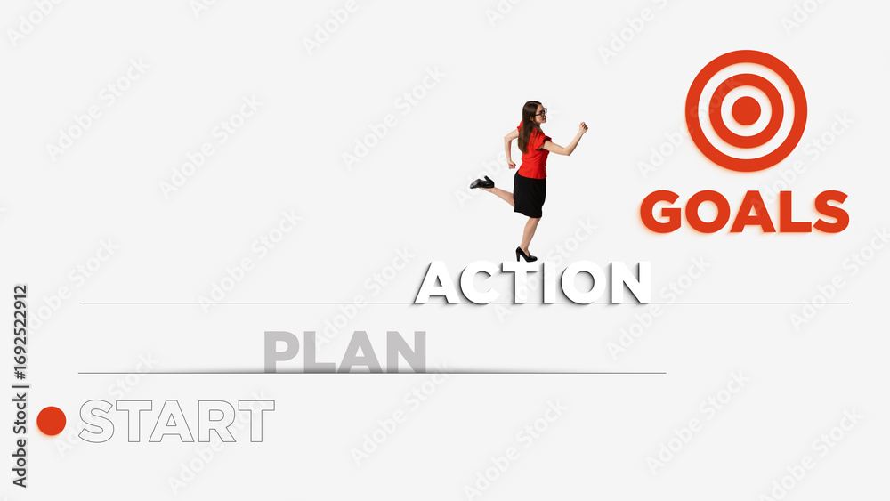Naklejka premium Creative artwork. Businesswoman running from start to goals with action and plan. Concept of business strategy, leadership, achievement, motivation, and success journey with determined emotion.