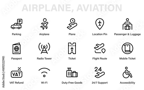 Professional Airline Aviation Line Icon Set with Modern Airport, Pilot, Flight, Travel, Airplane, and International Vector Illustrations