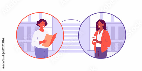 Two women in separate circles communicating with each other in a modern office setting