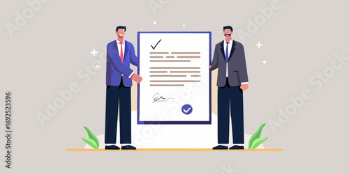 Two smiling businessmen in suits holding a signed contract document with a checkmark and seal