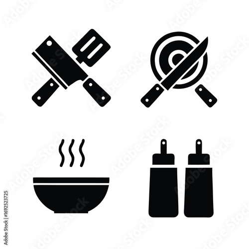 Four black cooking icons cleaver spatula pan knife bowl steam bottles food kitchen